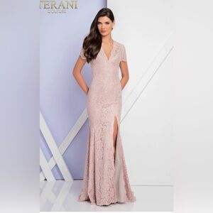 Elegant Lace Evening Gown in blush color